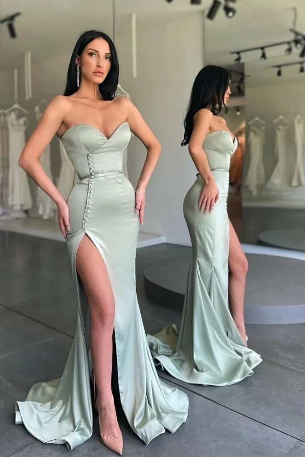 Strapless Satin Sheath Prom Dress Side Split Evening Dress Long