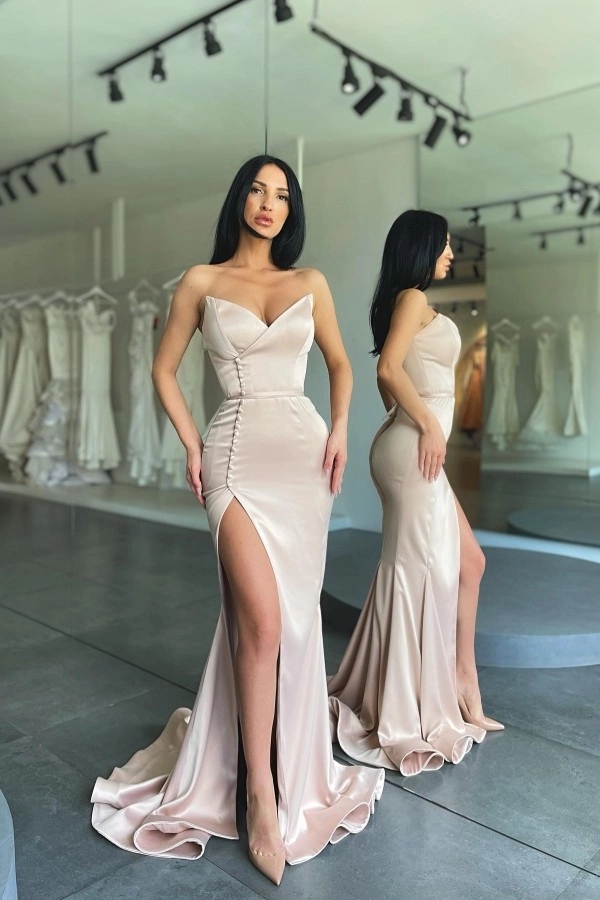 Strapless Satin Sheath Prom Dress Sweetheart Side Split Evening Dress Long