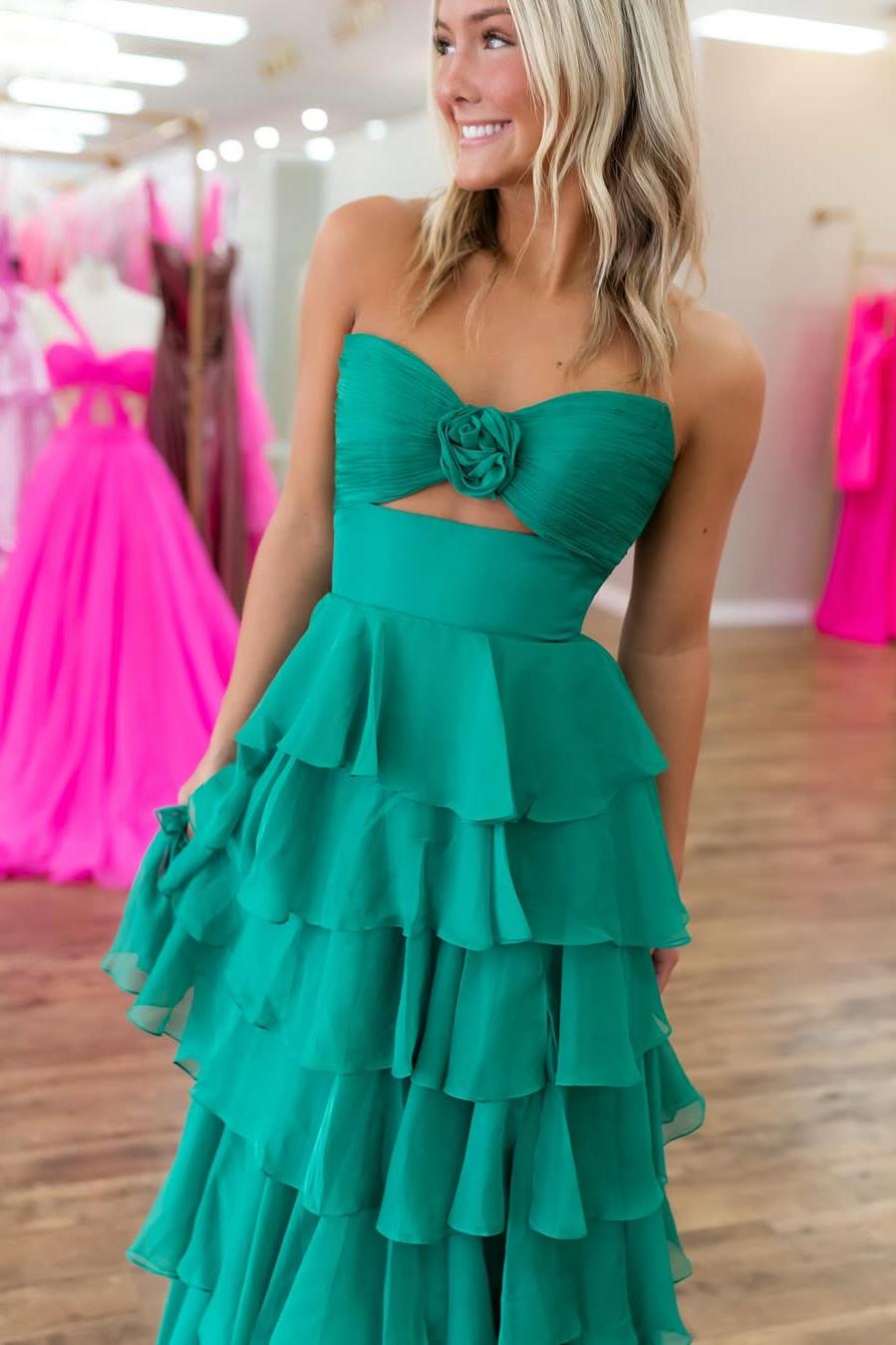 Sweetheart Ruffles Chiffon Aline Evening Prom Dress with Front Split