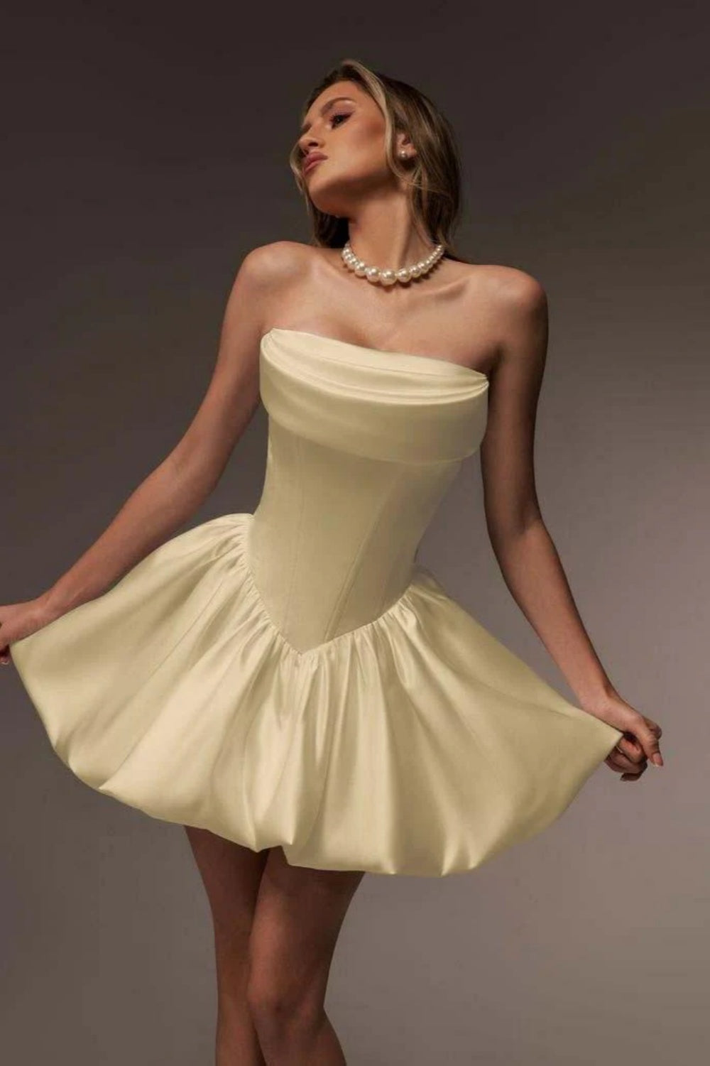 Daffodil Strapless Satin Corset Short Homecoming Dress Aline with Ruffles