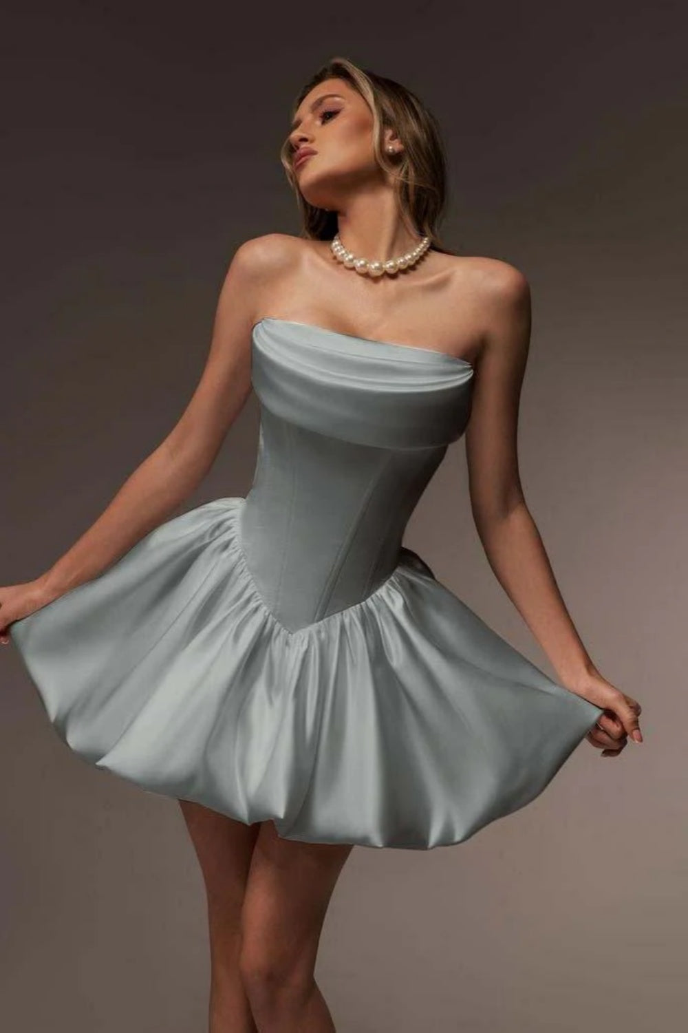 Gray Strapless Satin Corset Short Homecoming Dress Aline with Ruffles
