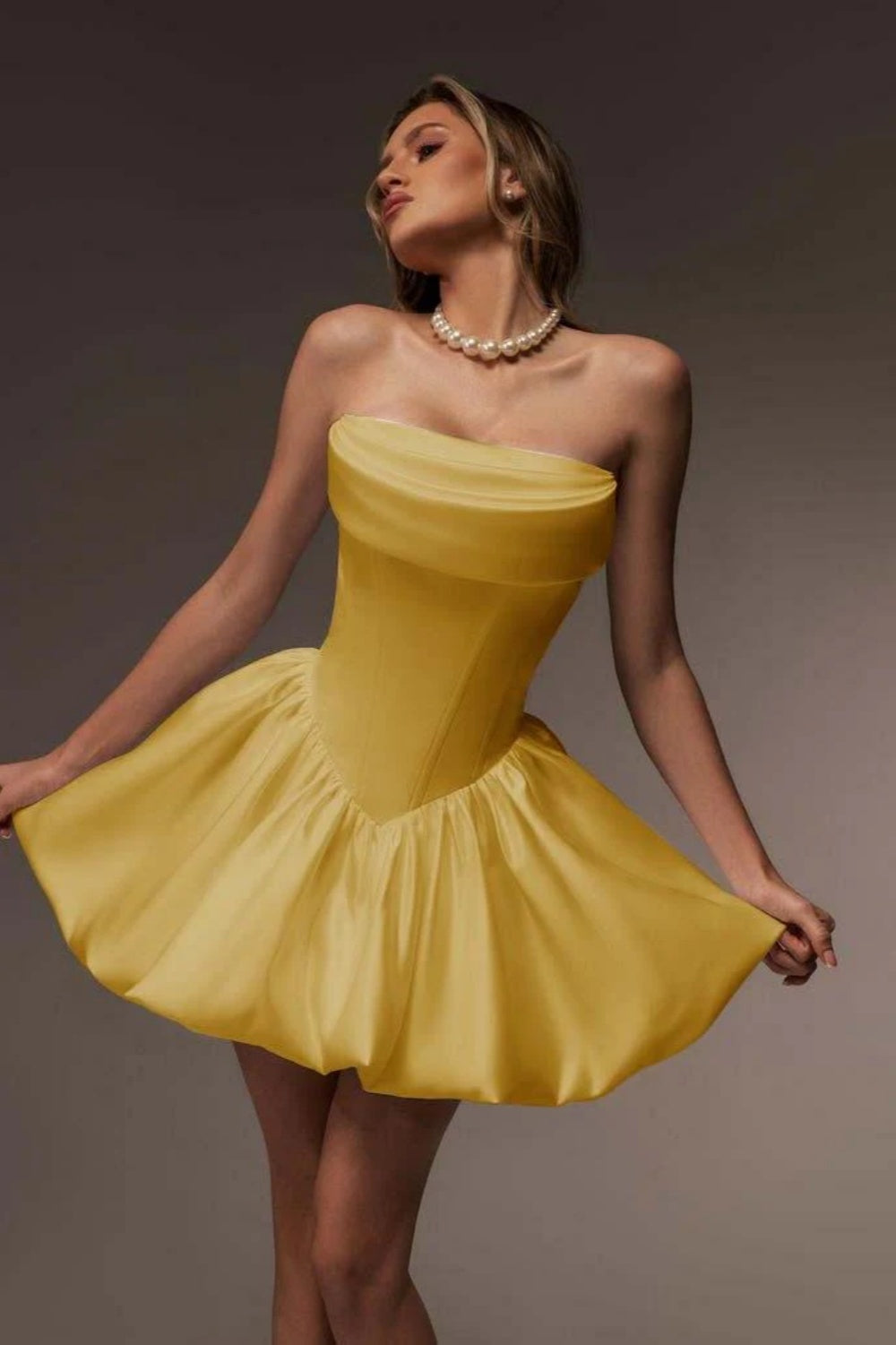 Yellow Strapless Satin Corset Short Homecoming Dress Aline with Ruffles