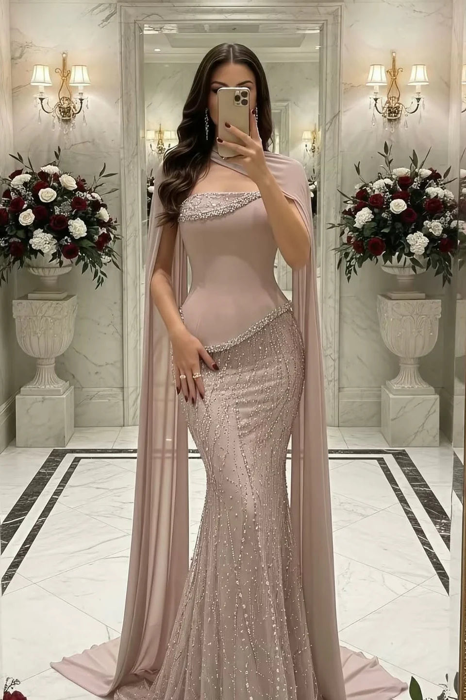 Charming Strapless Beadings Satin Prom Dress Mermaid with Cape