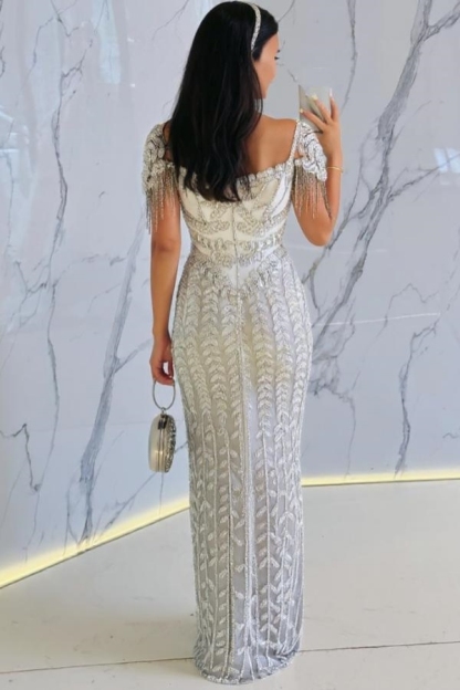 Stunning Short Sleeves Side Split Sheath Evening Dress with Beadings