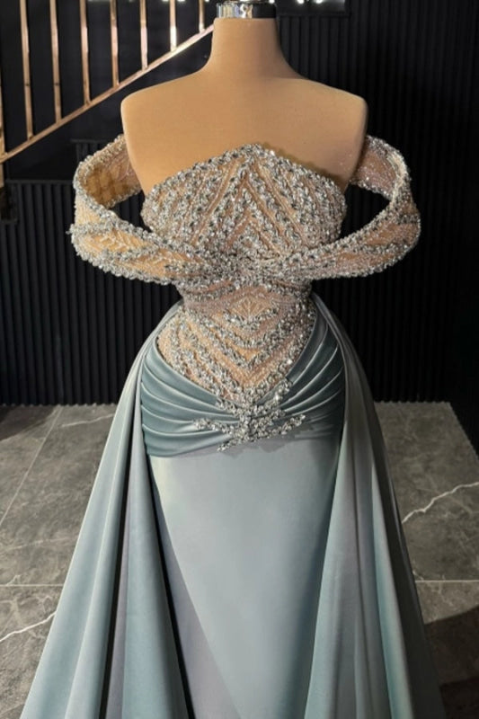 Stunning Sleeveless Glitter Satin Evening Dress with Sweep Train