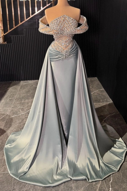 Stunning Sleeveless Glitter Satin Evening Dress with Sweep Train