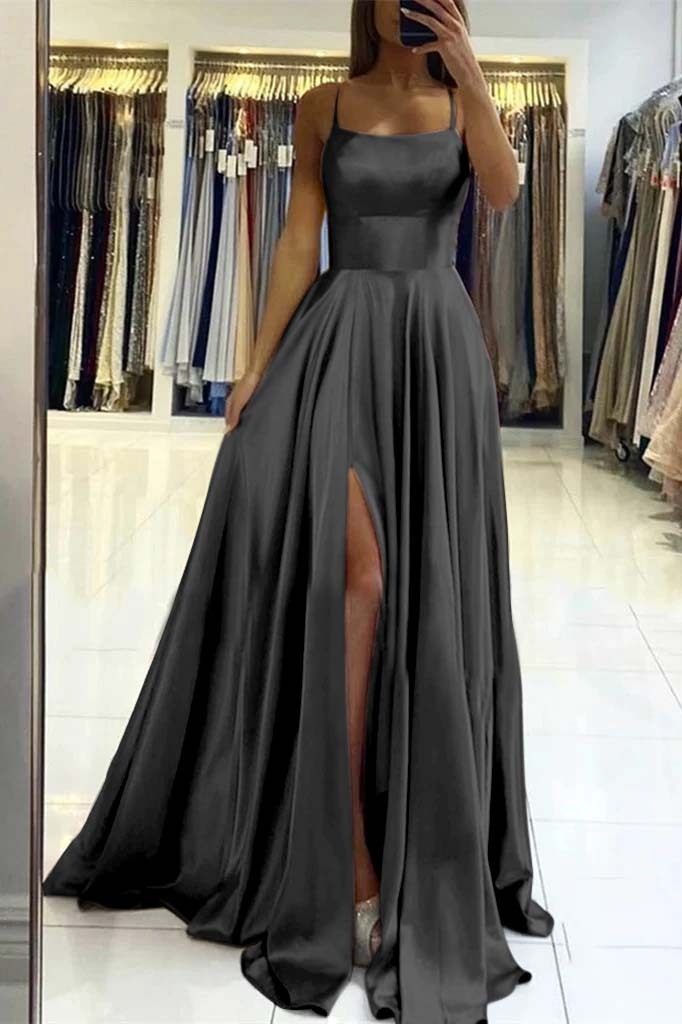 Charming Spaghetti Straps Satin Maxi Evening Dress with Side Slit Sleeveless Gown