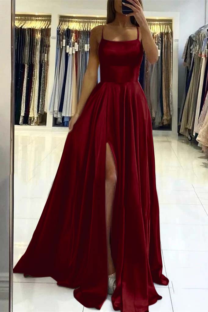 Charming Spaghetti Straps Satin Maxi Evening Dress with Side Slit Sleeveless Gown