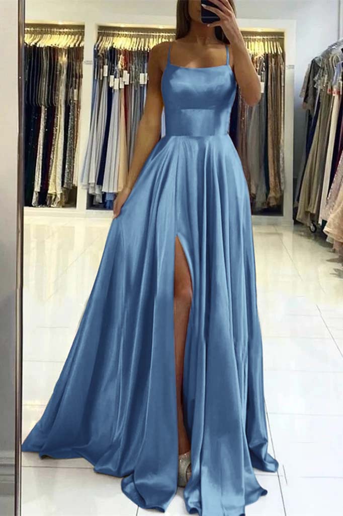 Charming Spaghetti Straps Satin Maxi Evening Dress with Side Slit Sleeveless Gown