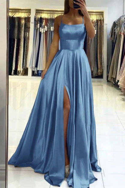 Charming Spaghetti Straps Satin Maxi Evening Dress with Side Slit Sleeveless Gown