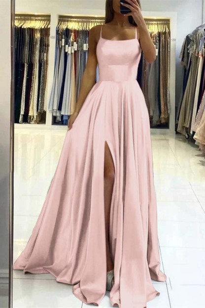 Charming Spaghetti Straps Satin Maxi Evening Dress with Side Slit Sleeveless Gown