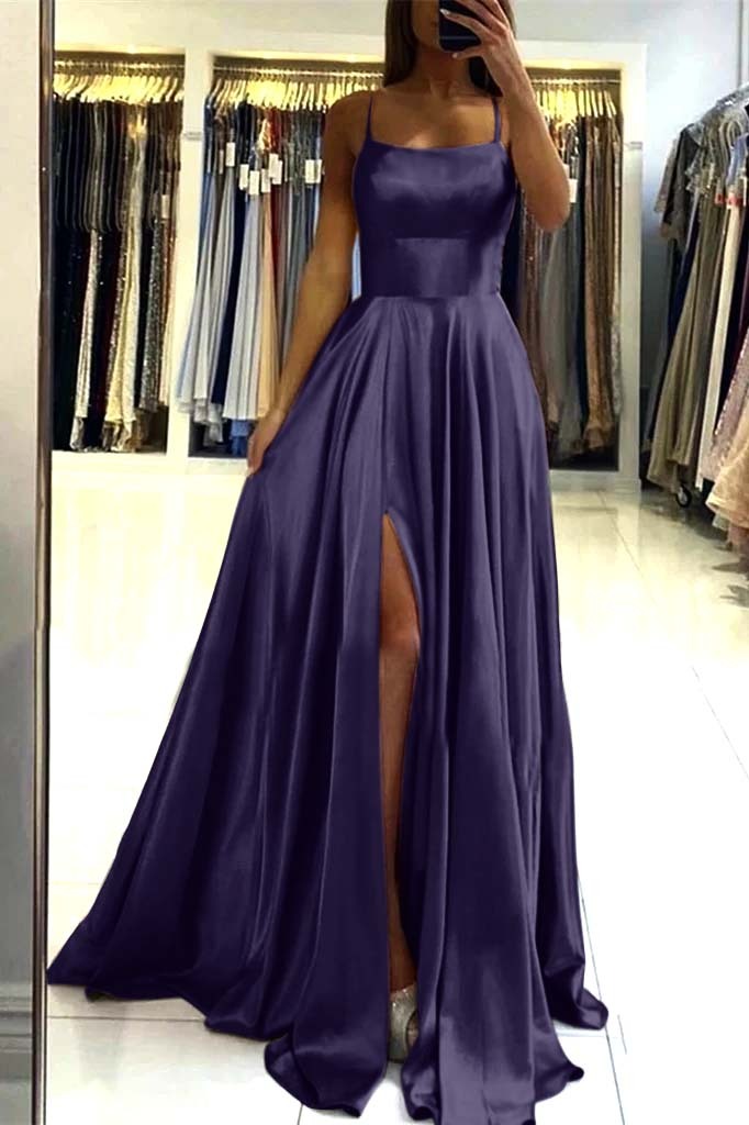 Charming Spaghetti Straps Satin Maxi Evening Dress with Side Slit Sleeveless Gown