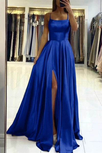 Charming Spaghetti Straps Satin Maxi Evening Dress with Side Slit Sleeveless Gown
