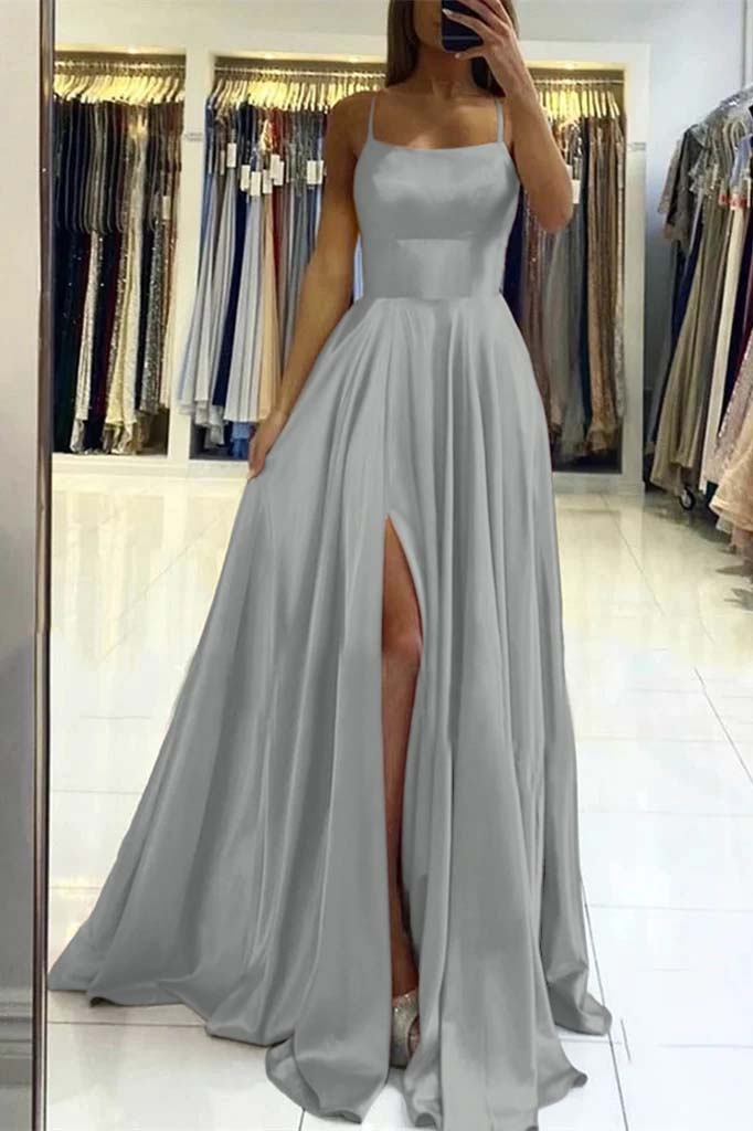 Charming Spaghetti Straps Satin Maxi Evening Dress with Side Slit Sleeveless Gown