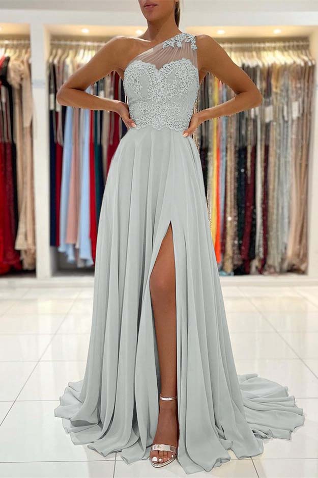 Elegant One Shoulder Chiffon Side Slit Evening Party Dress Soft Lace Long Dress