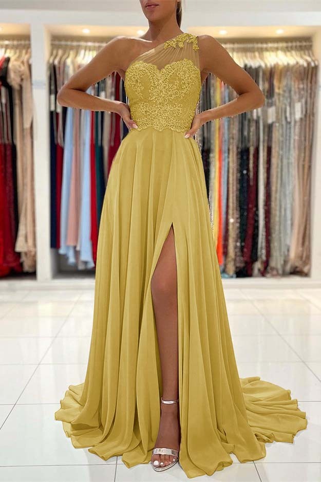 Elegant One Shoulder Chiffon Side Slit Evening Party Dress Soft Lace Long Dress