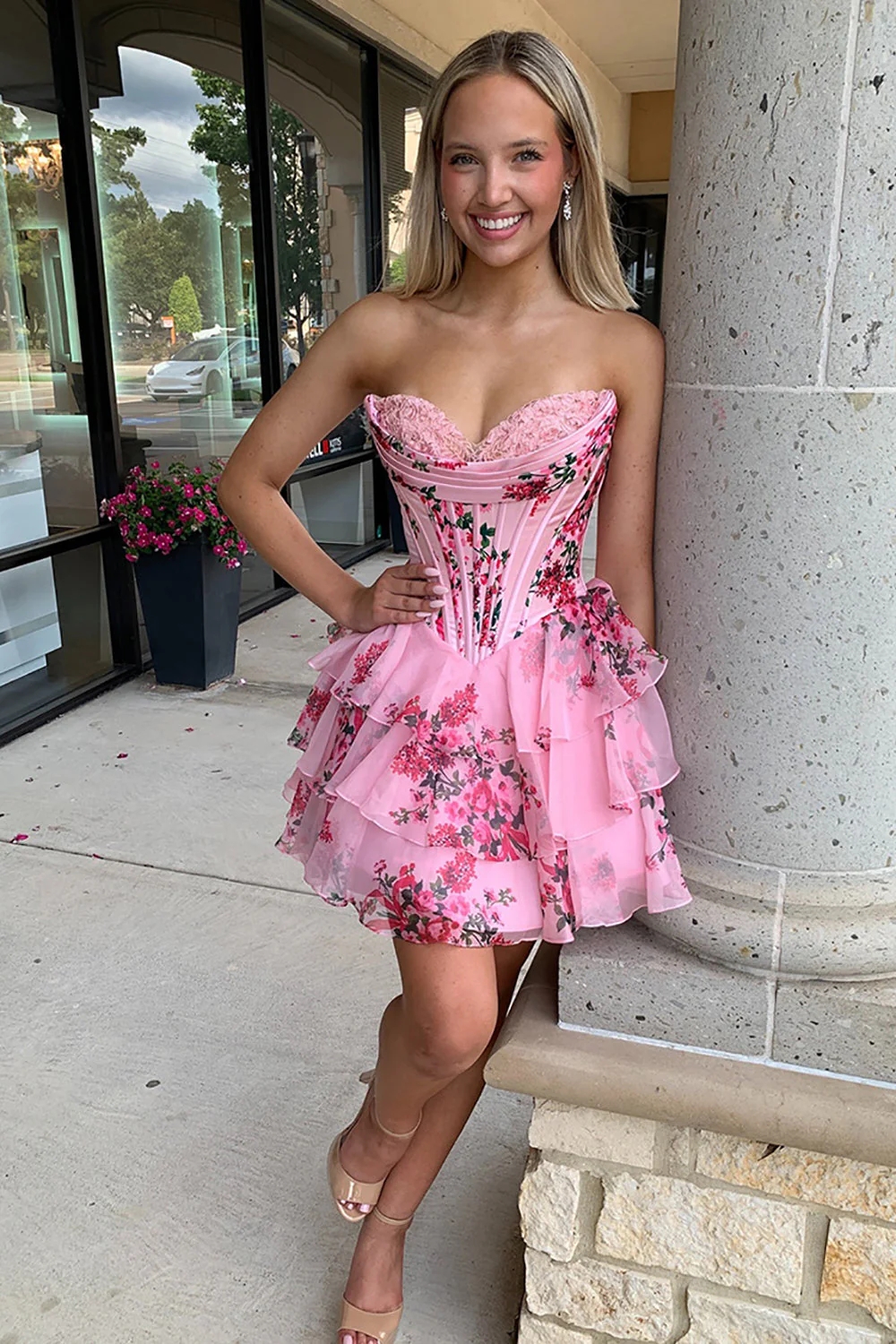 Chic Tiered Ruffle Corset Pink Short Homecoming Dresses 2025 