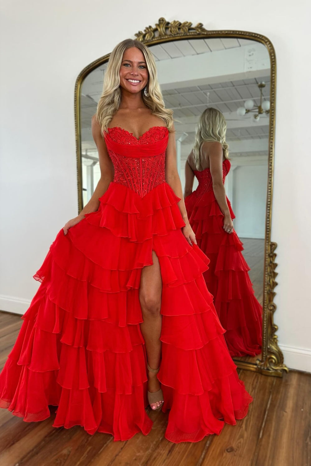 Red Sweetheart Chiffon A-Line Corset Prom Dress with Front Slit Ruffles