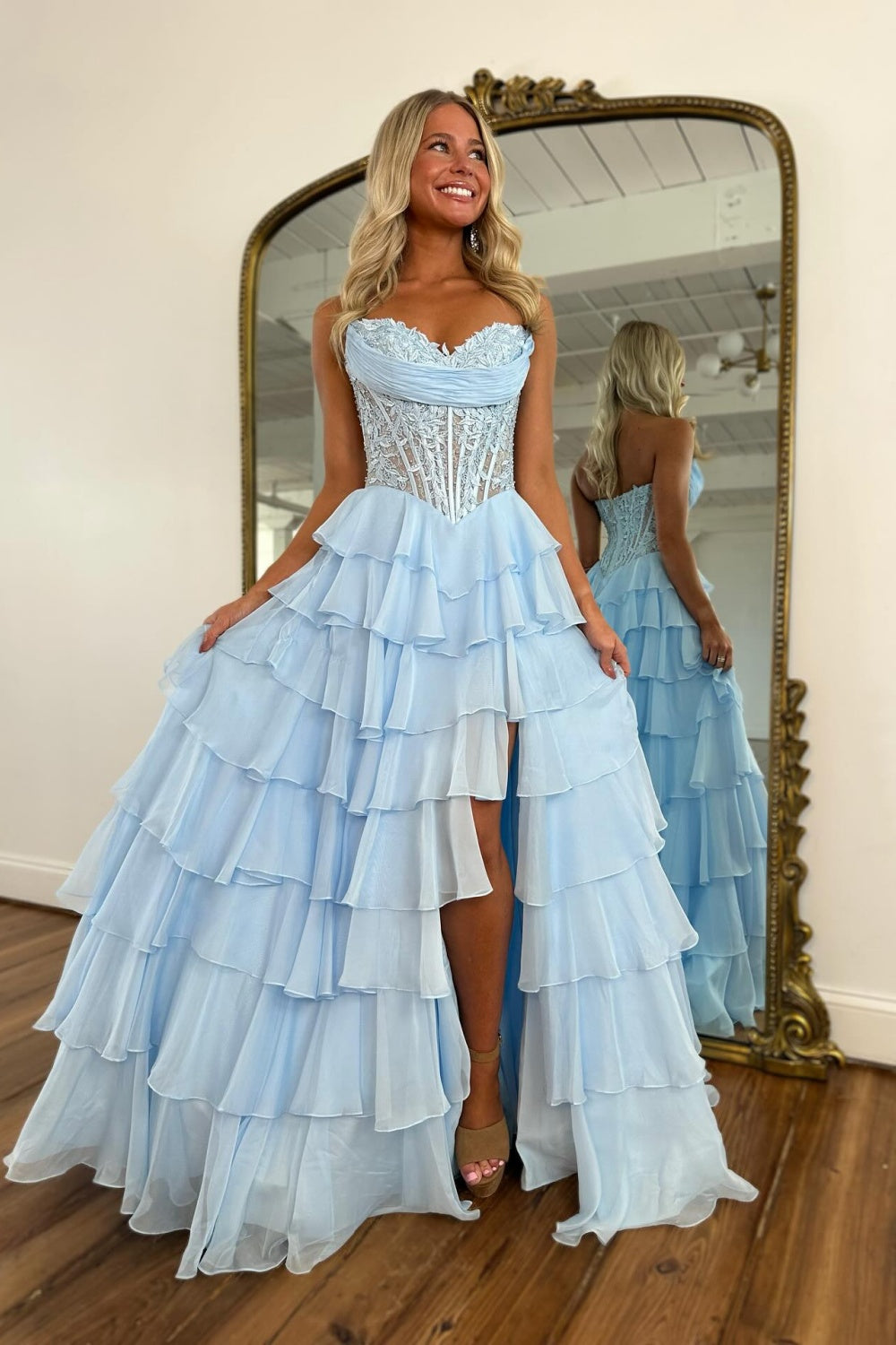 Sky Blue Sweetheart Chiffon A-Line Corset Prom Dress with Front Slit Ruffles