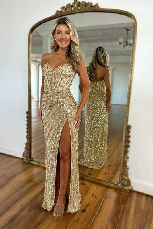 Sweetheart Sequins Prom Dress Long with Side Split Strapless Mermaid Party Dress