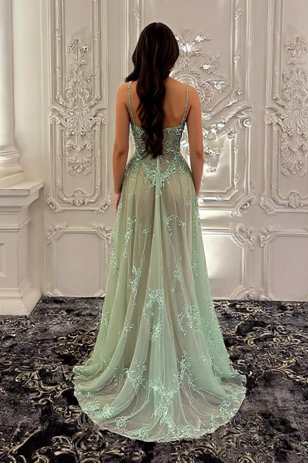 Stunning Sage Sheath Prom Dress Tulle Flowers Sleeveless Evening Dress with Split