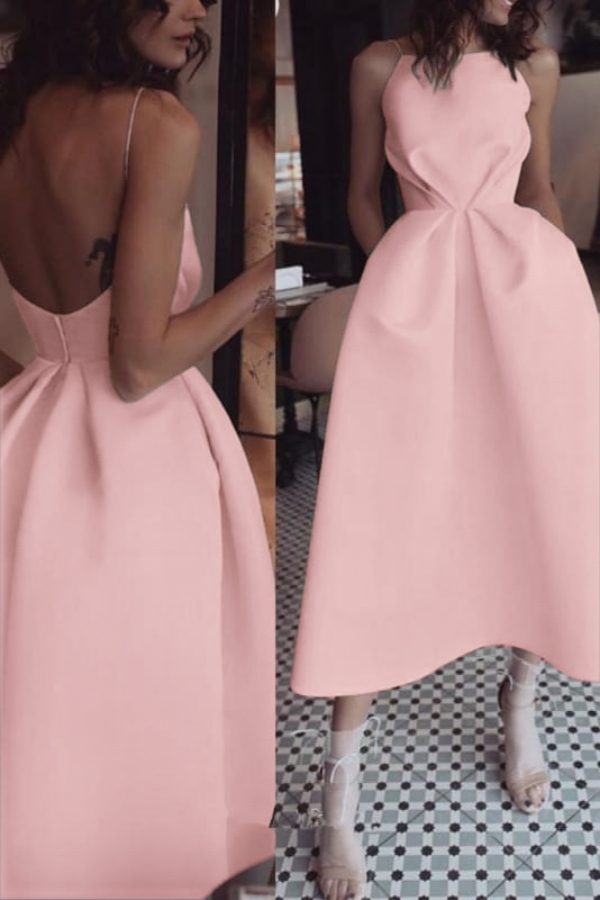Spaghetti-Straps A-Line Backless Prom Dresses Tea Length