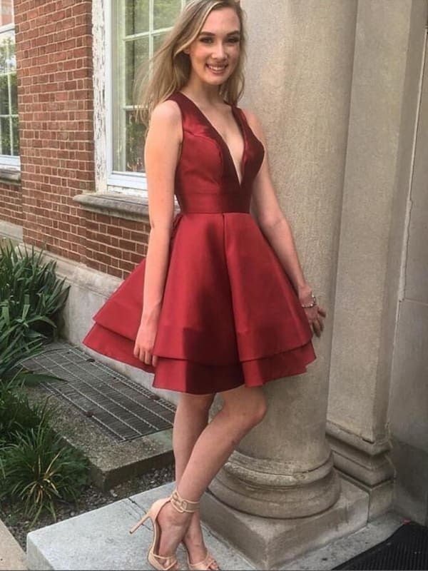 V Neck Layered Burgundy Satin Short Prom Dresses, V Neck Burgundy Homecoming Dresses, Burgundy Formal Evening Dresses