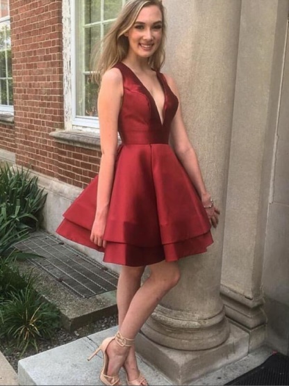 V Neck Layered Burgundy Satin Short Prom Dresses, V Neck Burgundy Homecoming Dresses, Burgundy Formal Evening Dresses