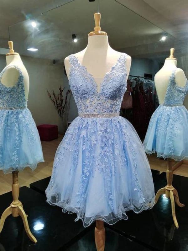 Sky Blue Aline Lace Homecoming Dress V Neck Short Prom Dress-newarrivaldress