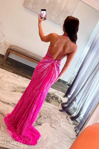 Charming Deep V-Neck Sequin Prom Dress Hot Pink with Side Split