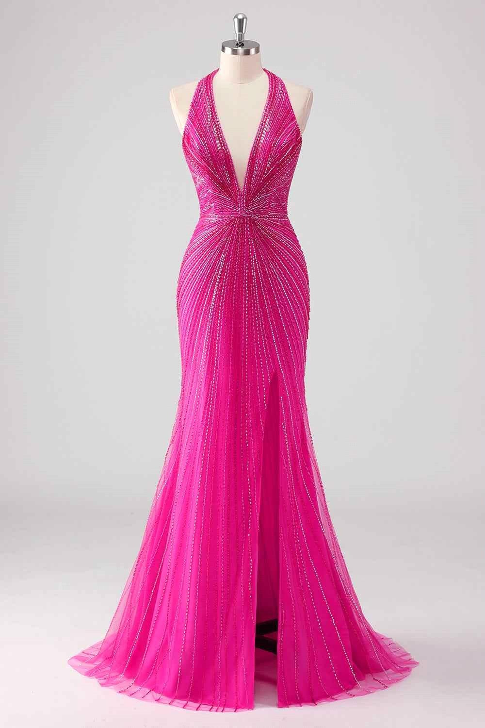 Charming Deep V-Neck Sequin Prom Dress Hot Pink with Side Split