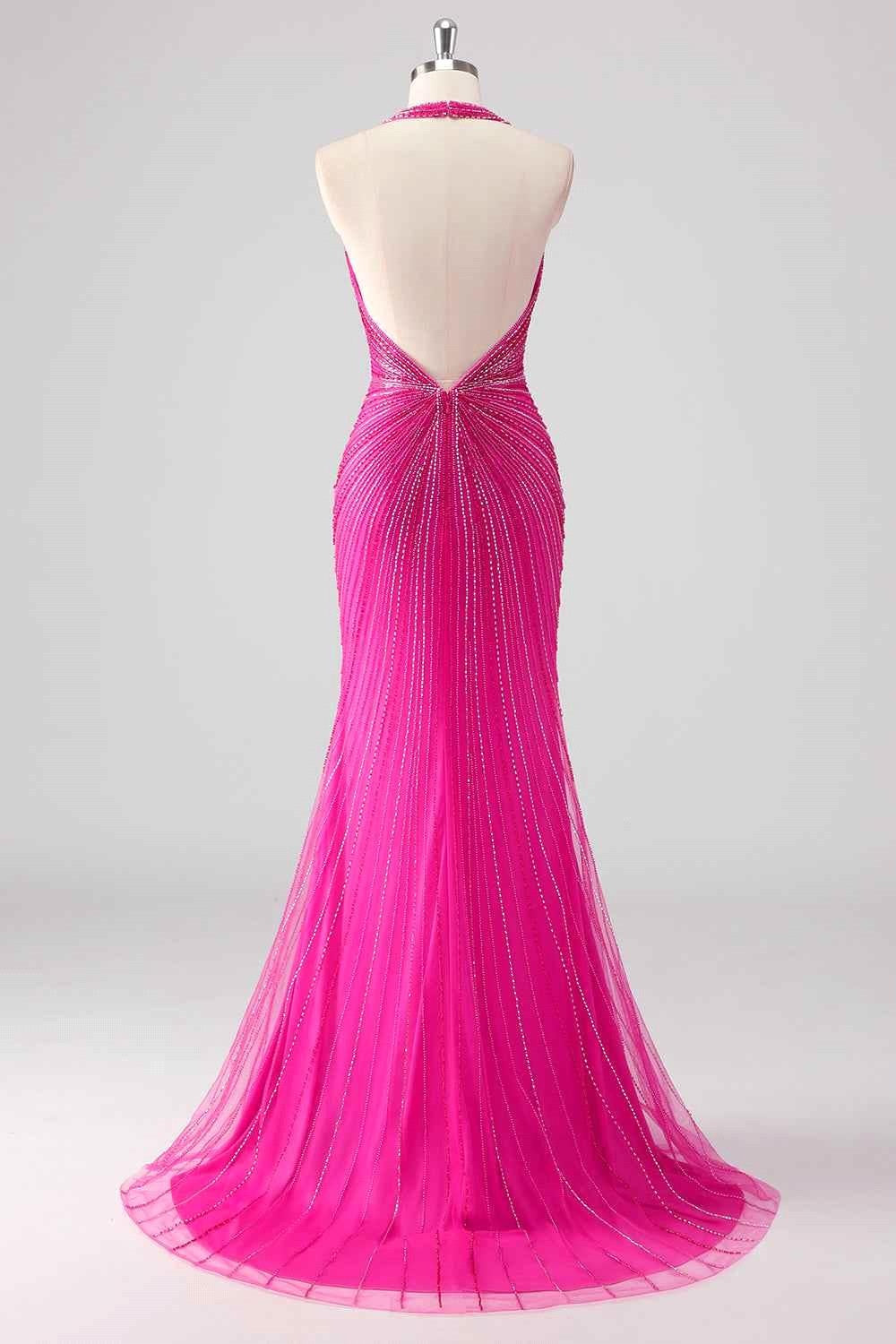 Charming Deep V-Neck Sequin Prom Dress Hot Pink with Side Split