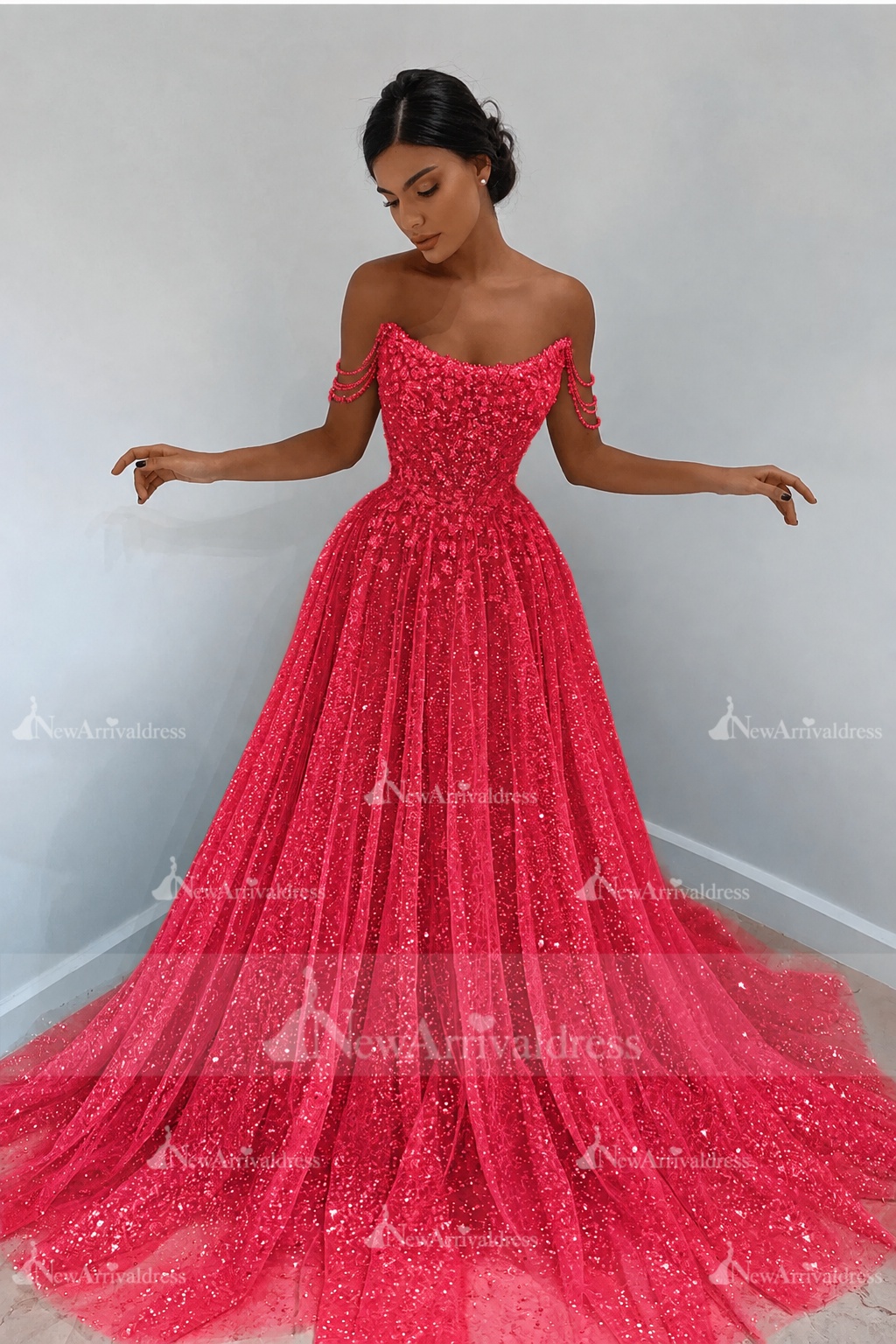 Beautiful Long A-line Sweetheart Sequined Prom Dress Off Shoulder Sky Blue Long Evening Dress