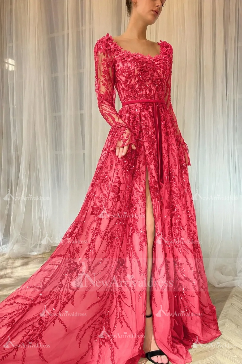 Elegant Black Sequins Aline Evening Dress with Sleeves