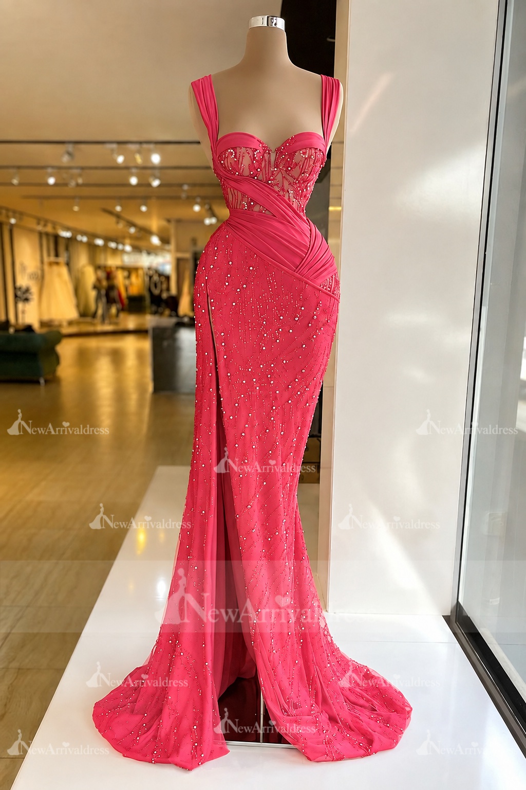 Charming Red Sweetheart Mermaid Prom Dress Beadings Strap Party Dress