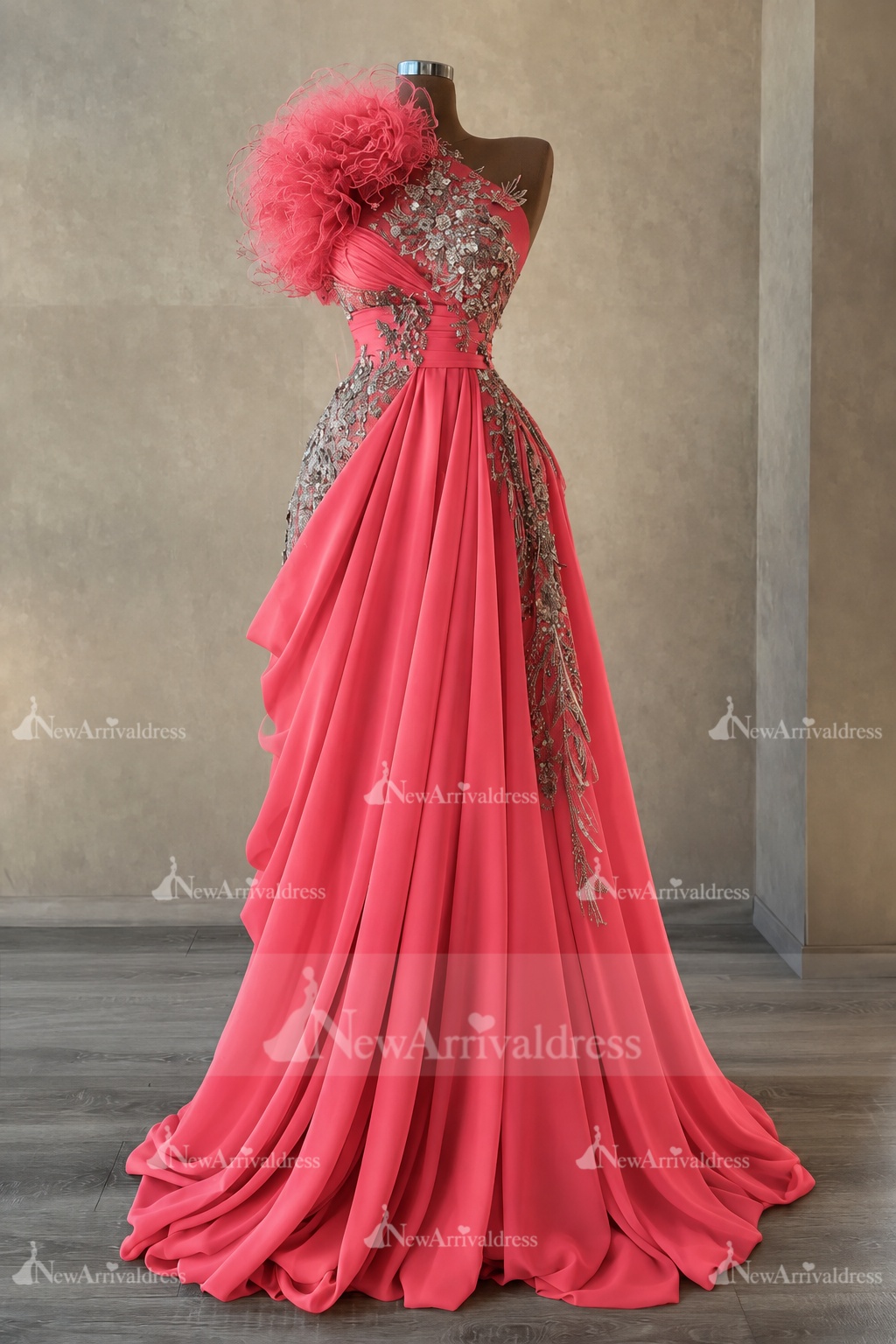 Stunning One Shoulder Flowers Ruched Satin Evening Dress Appliques Aline Party Dress