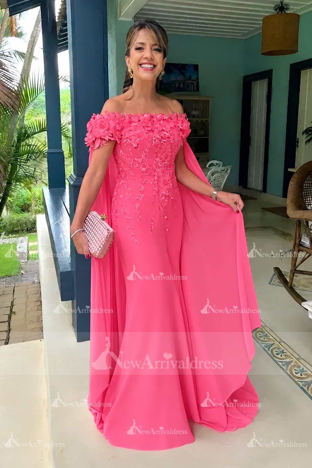 Off-the-Shoulder Pink Chiffon Flowers Long Mother of the Bride Dress with Cape