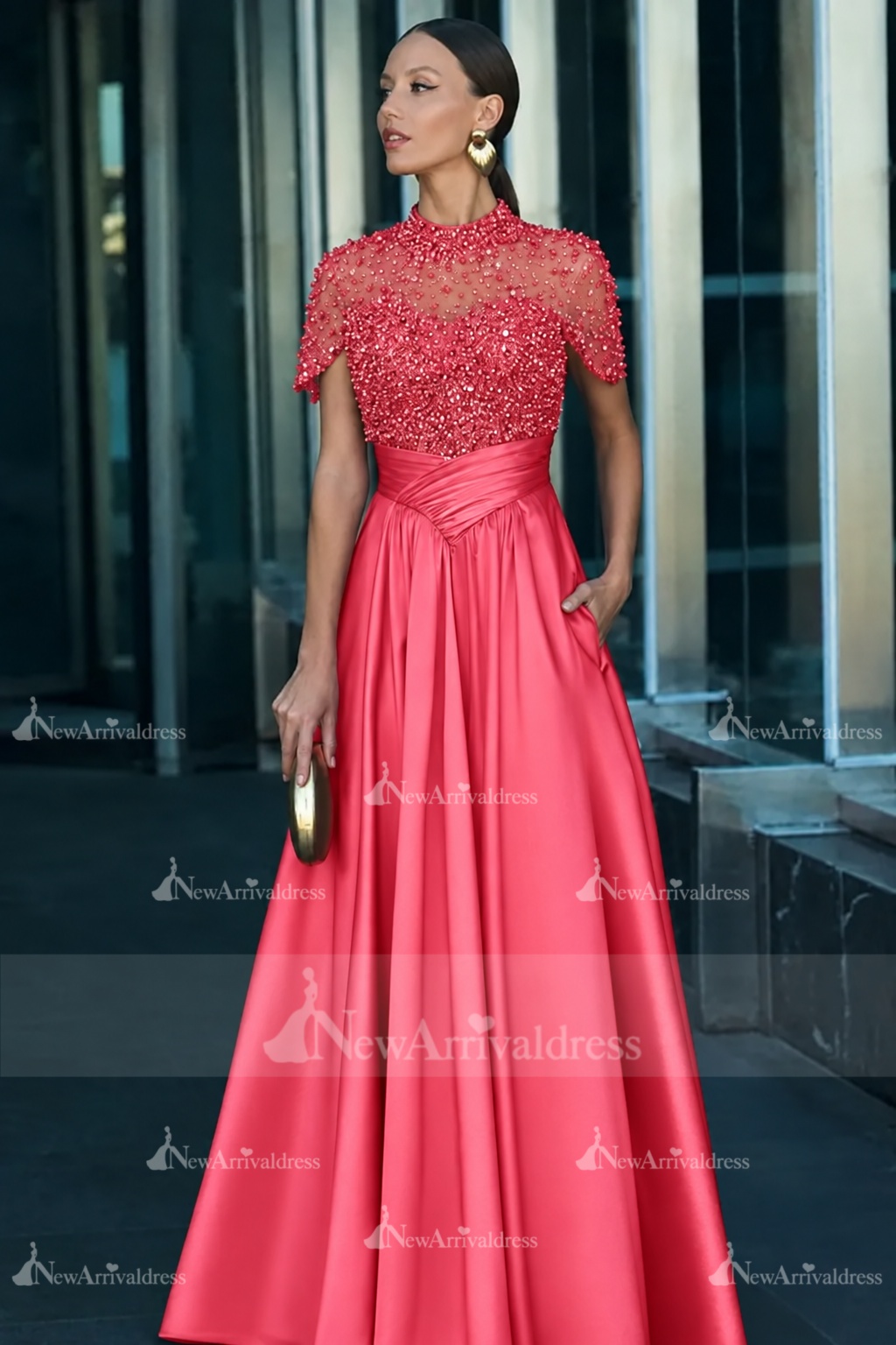 Dark Green Short Sleeves  Satin A-line Evening Dress with Beadings
