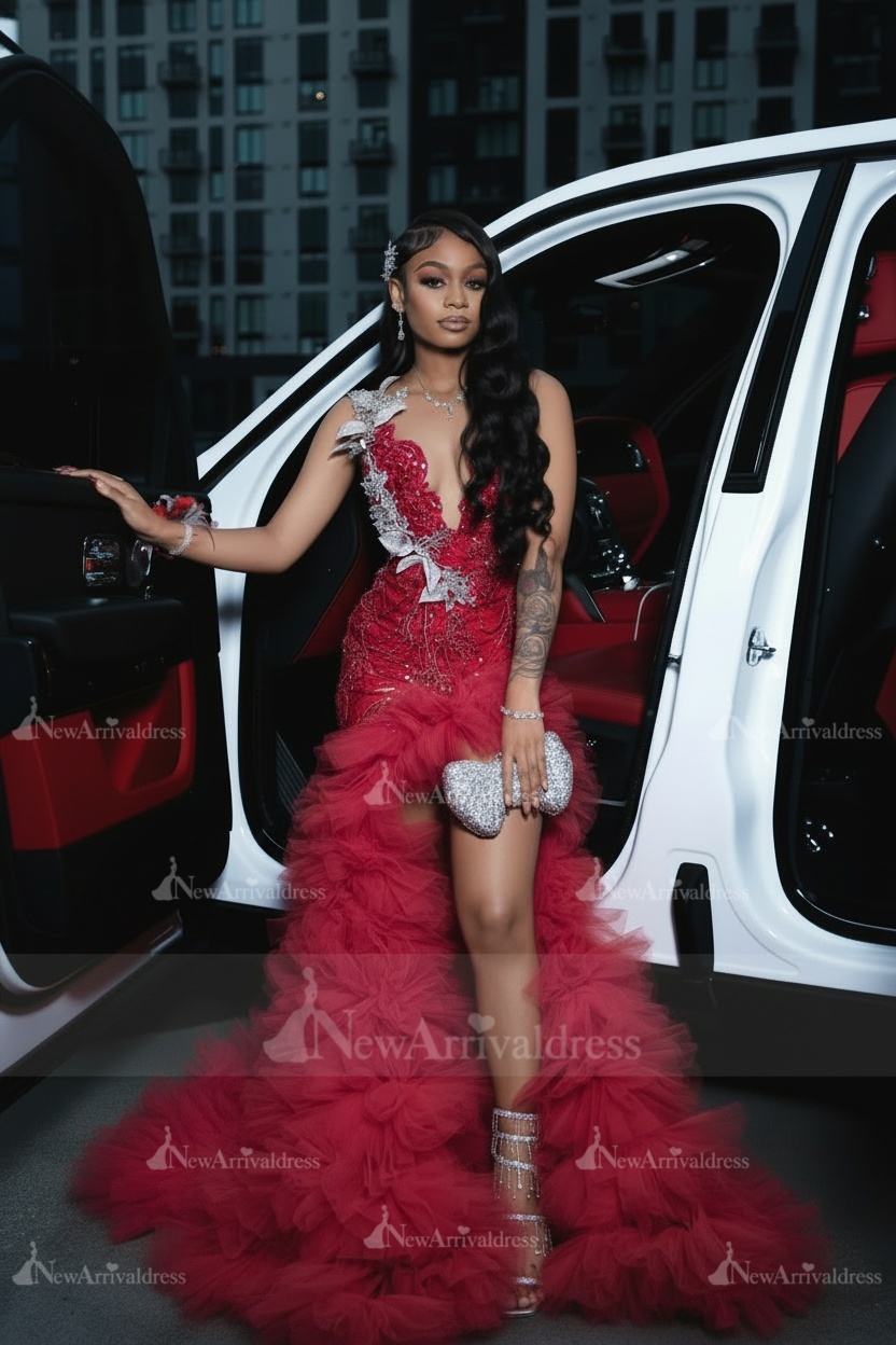 Charming Red Mermaid Prom Dress with Beadings High Split Party Dress