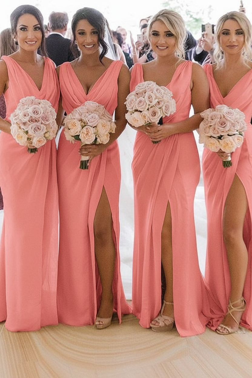 Elegant Chiffon Long Bridesmaid Dress Sleeveless Side Slit Wedding Guest Dress