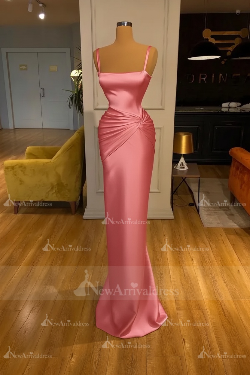 Chic Sky Blue Square Neck Slim Evening Party Wear Dress Sleeveless Satin Prom Dress