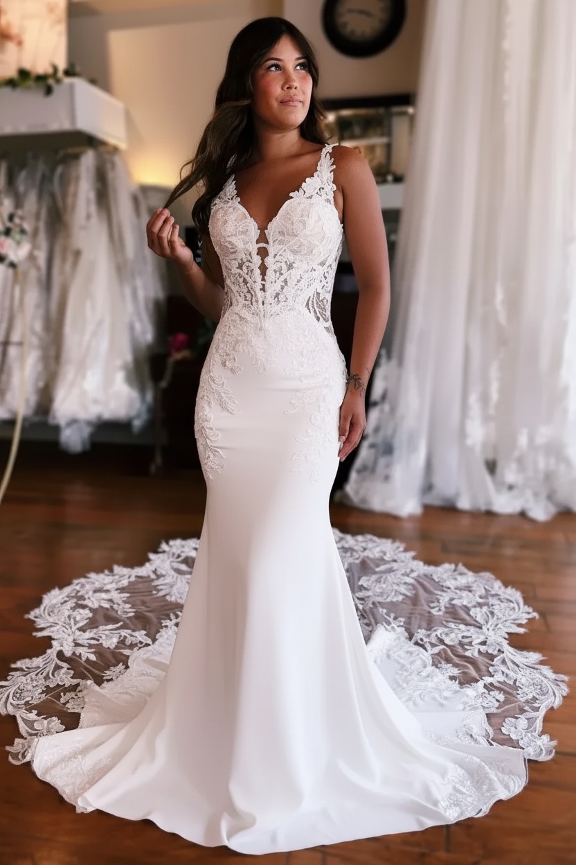 Gorgeous Sleeveless Mermaid Wedding Dress V-Neck Floral Lace Bridal Gown