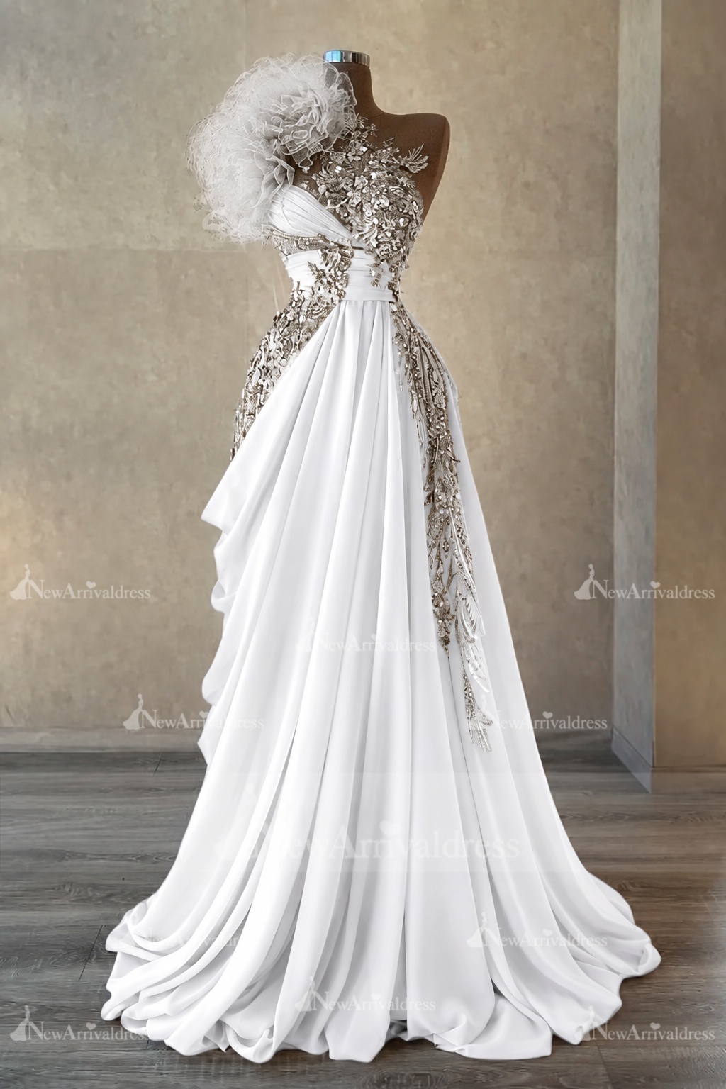 Stunning One Shoulder Flowers Ruched Satin Evening Dress Appliques Aline Party Dress