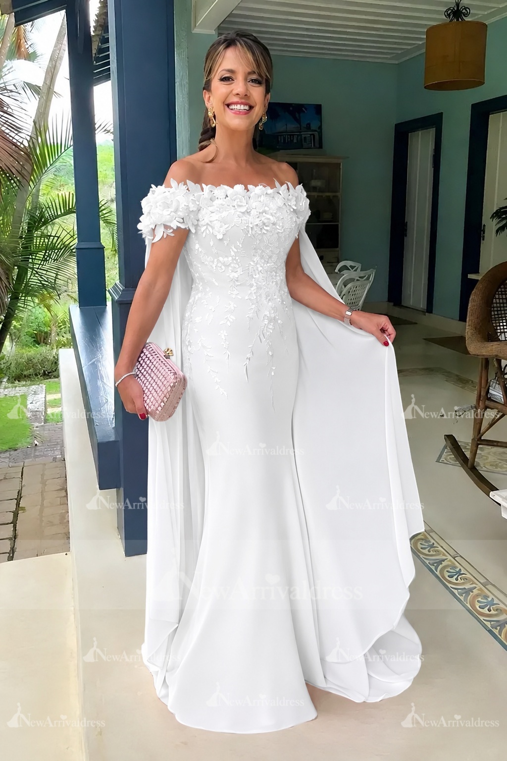 Off-the-Shoulder Pink Chiffon Flowers Long Mother of the Bride Dress with Cape