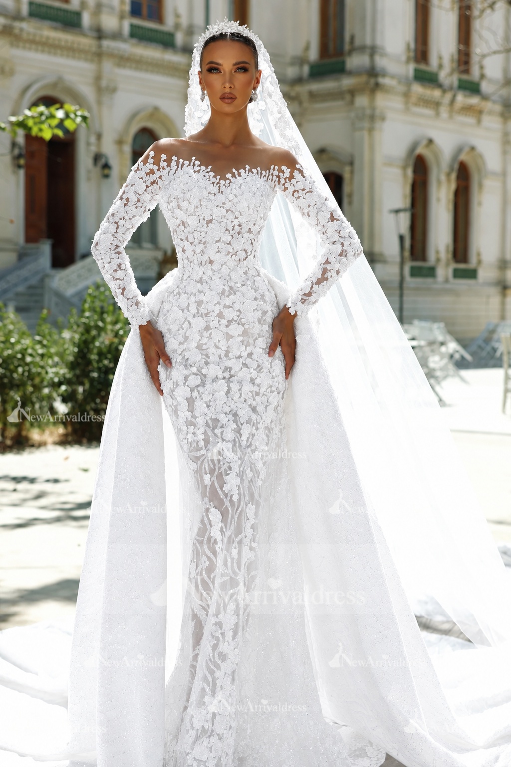 Gorgeous Floral Lace Mermaid Wedding Gown Long Sleeves Sweetheart Bridal Dress with Train