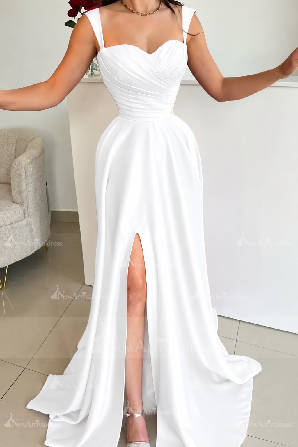 Red Sweetheart Ruffle Satin Front Slit Prom Dresses with Straps
