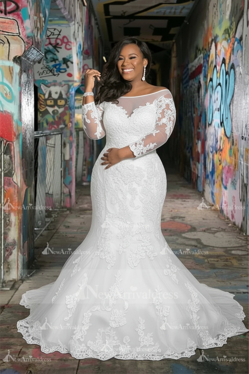 Off The Shoulder Plus Size Appliques Wedding Dresses | Sheer Tulle Memaid Bridal Gowns