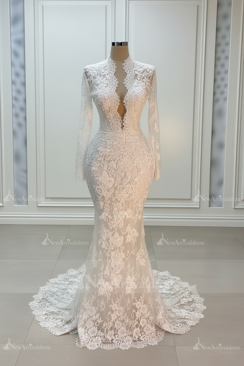 Chic Long Sleeves Lace Mermaid Bridal Gown Deep V-neck Wedding Dresses