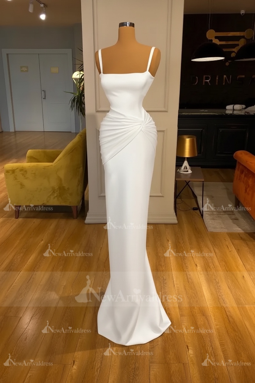 Chic Sky Blue Square Neck Slim Evening Party Wear Dress Sleeveless Satin Prom Dress