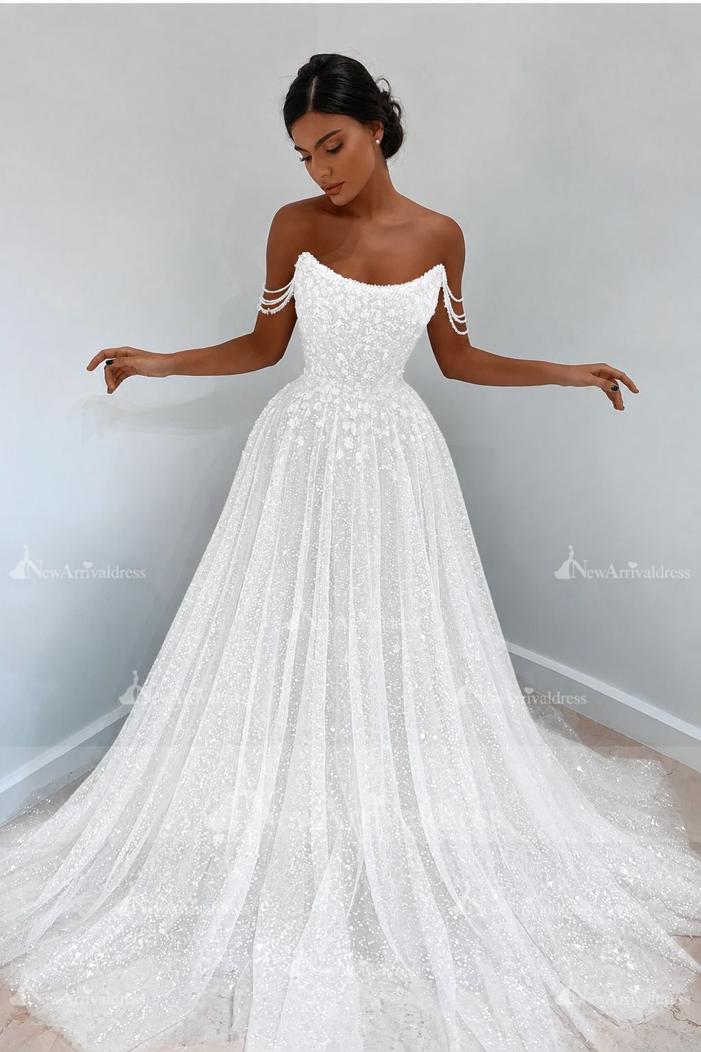Beautiful Long A-line Sweetheart Sequined Prom Dress Off Shoulder Sky Blue Long Evening Dress